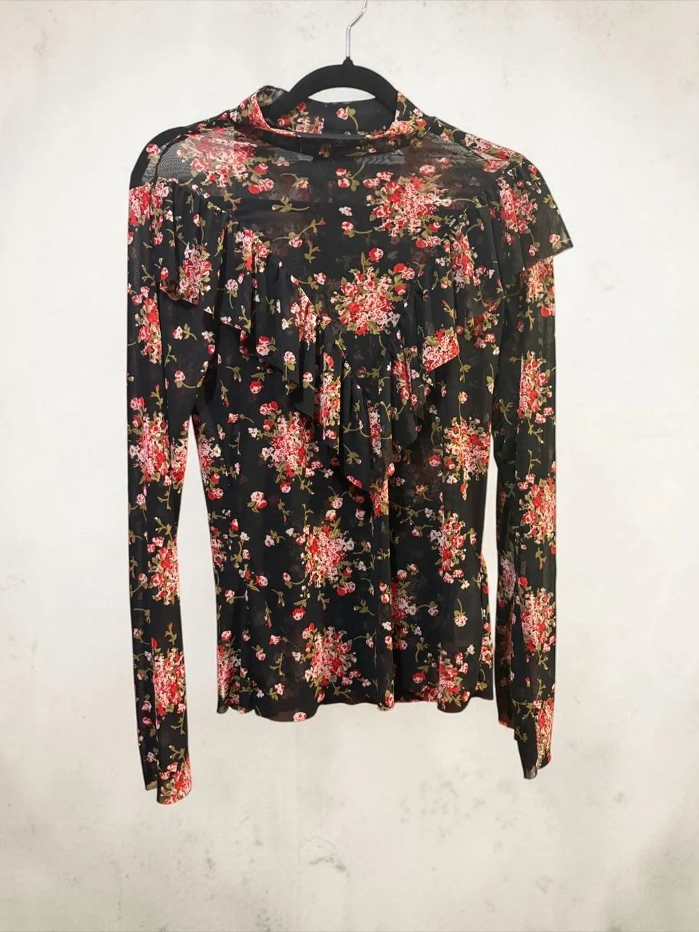 Y.A.S. Black floral mesh ruffle Long-Sleeve Top - Black with Pink Floral size L